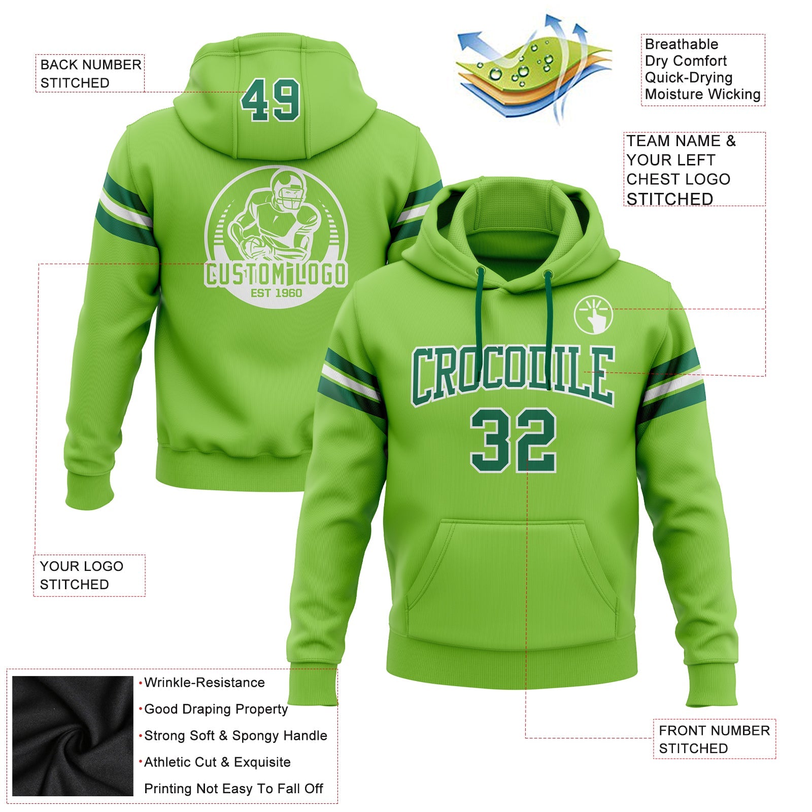 Custom Stitched Neon Green Kelly Green-White Football Pullover Sweatshirt Hoodie view 2