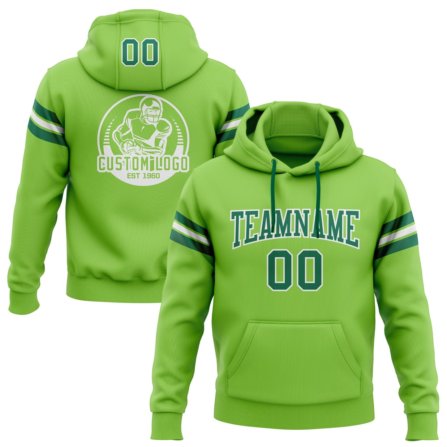 Custom Stitched Neon Green Kelly Green-White Football Pullover Sweatshirt Hoodie - Main View