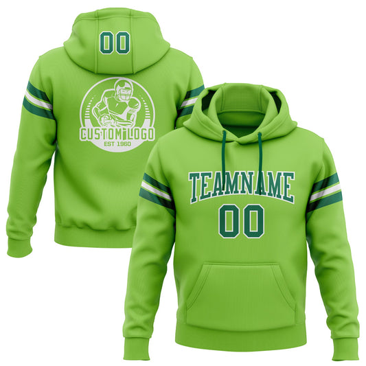 Custom Stitched Neon Green Kelly Green-White Football Pullover Sweatshirt Hoodie - Main View