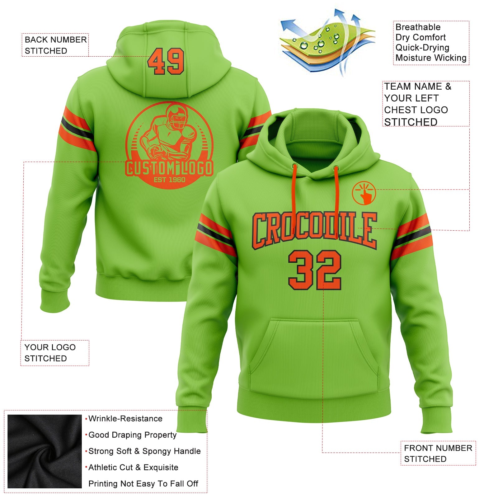 Custom Stitched Neon Green Orange-Black Football Pullover Sweatshirt Hoodie view 2