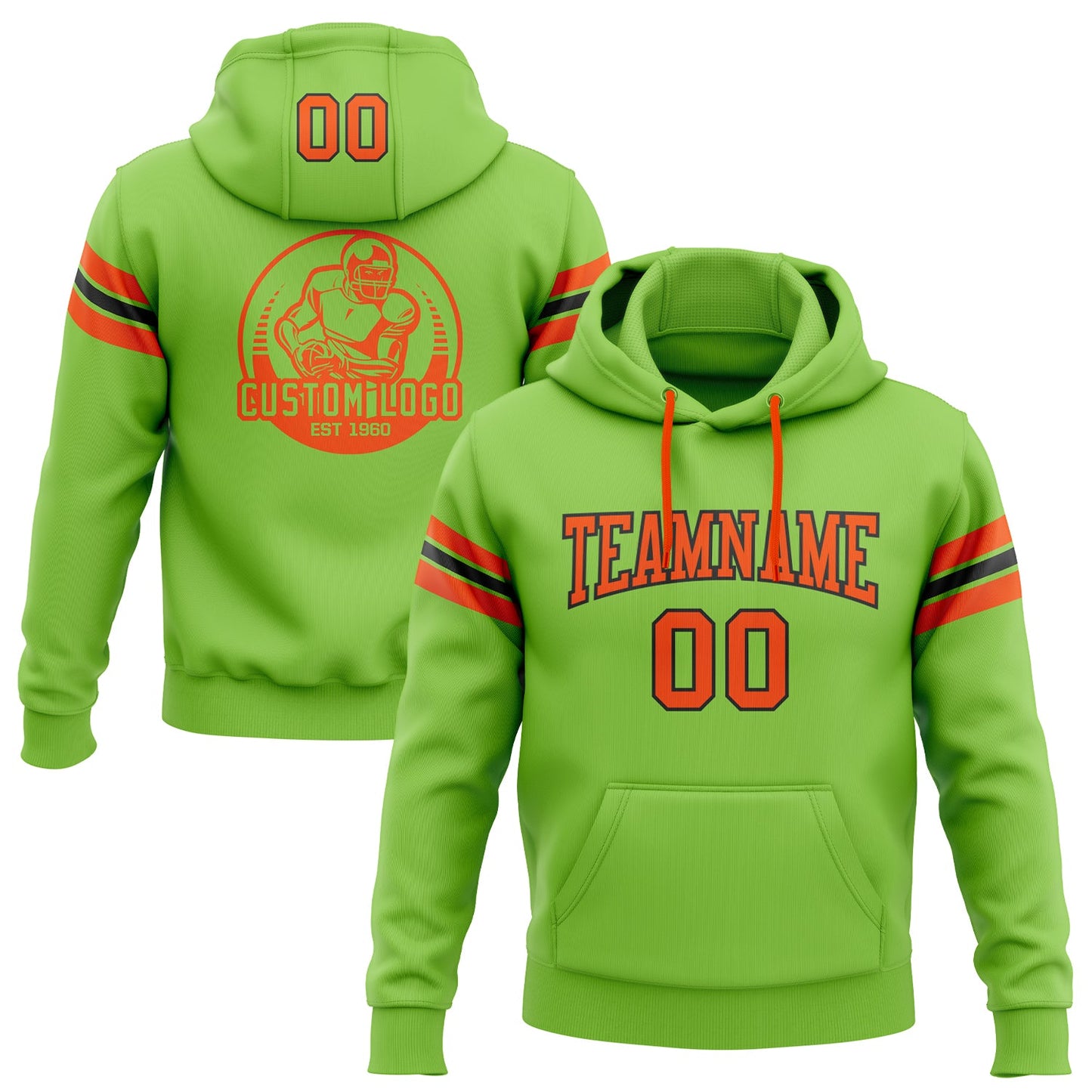 Custom Stitched Neon Green Orange-Black Football Pullover Sweatshirt Hoodie - Main View