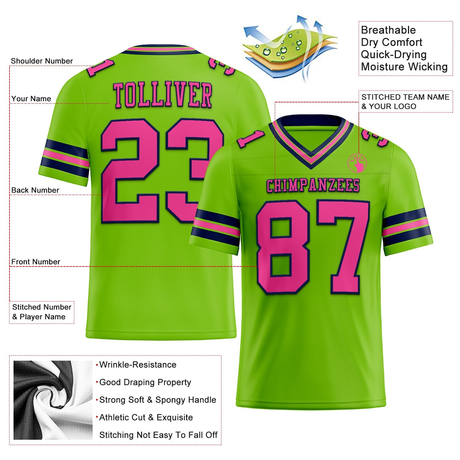 Custom Neon Green Pink-Navy Authentic Football Jersey view 3