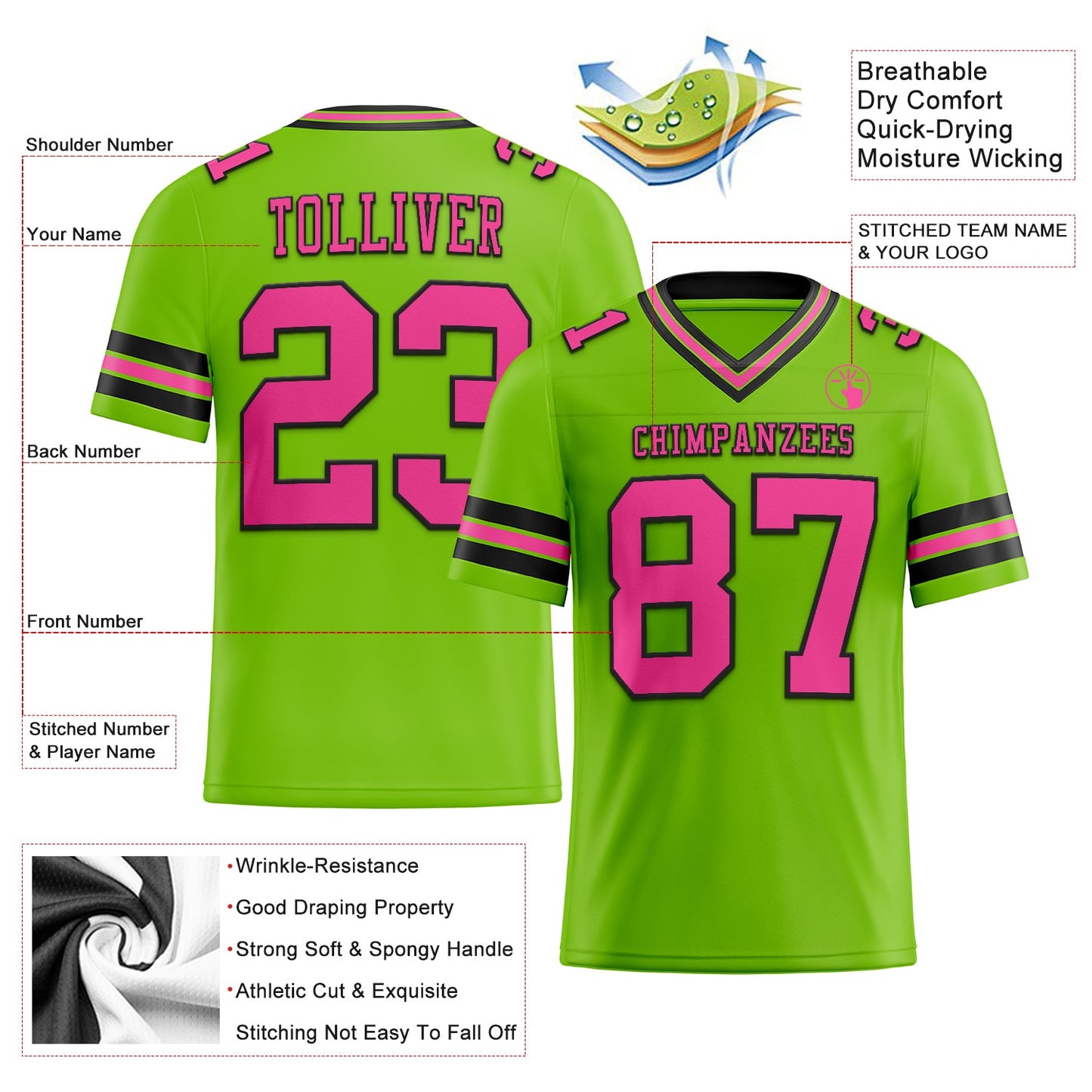 Custom Neon Green Pink-Black Authentic Football Jersey view 2