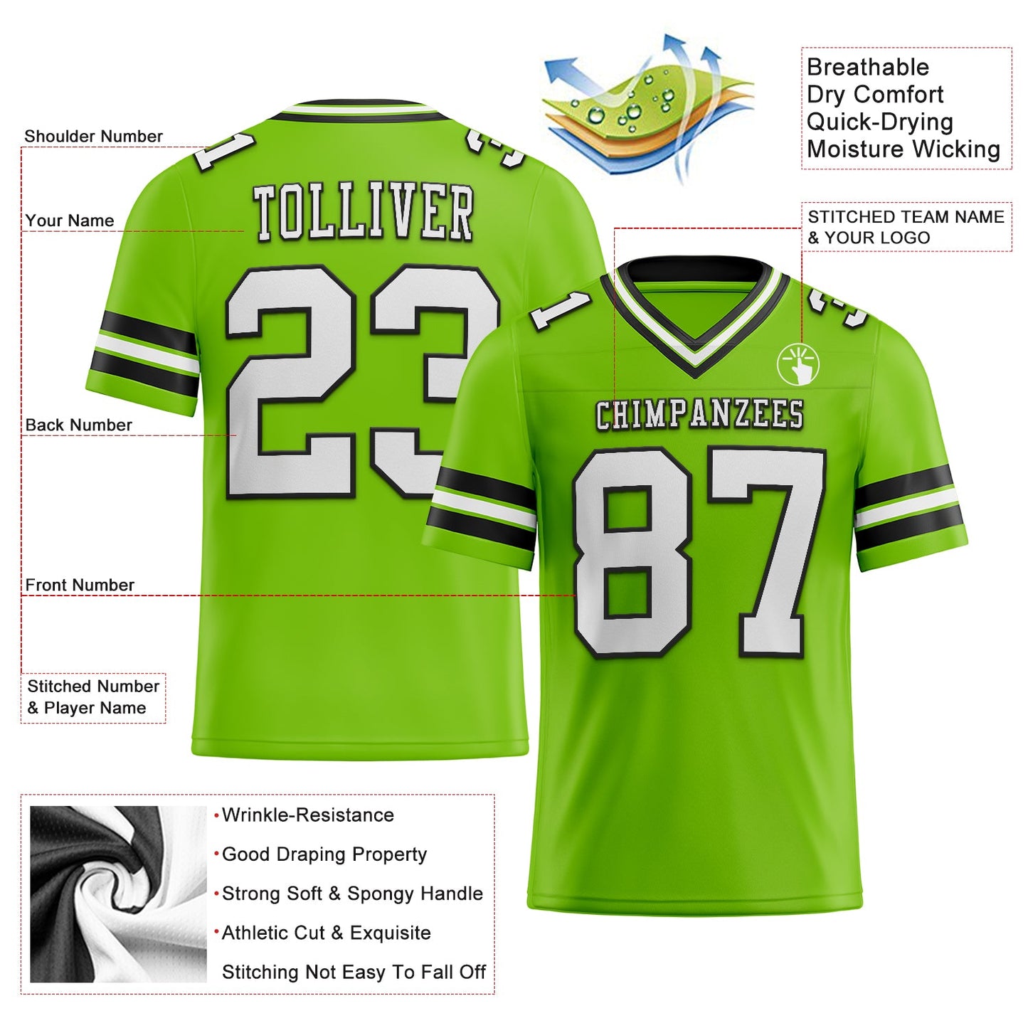 Custom Neon Green White-Black Authentic Football Jersey view 2