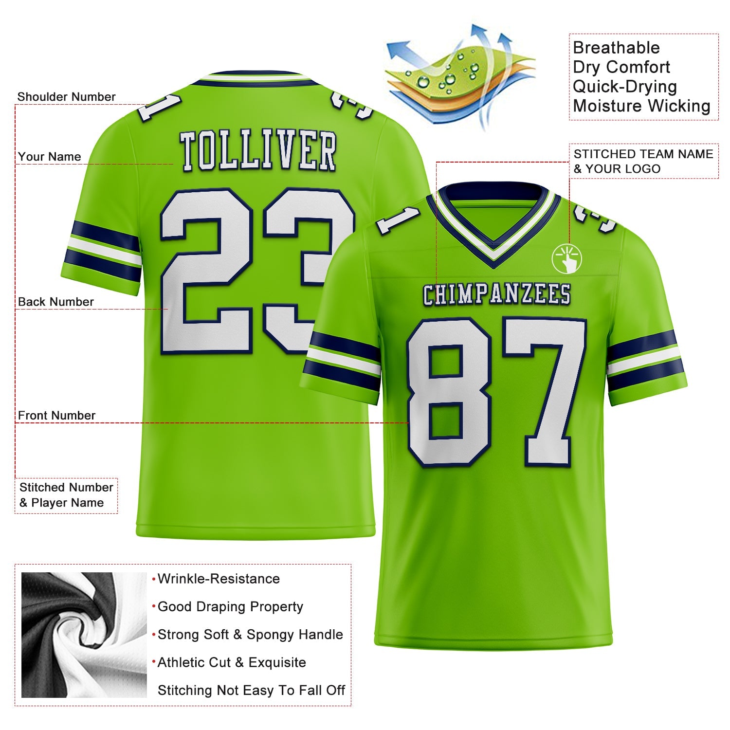 Custom Neon Green White-Navy Authentic Football Jersey view 2