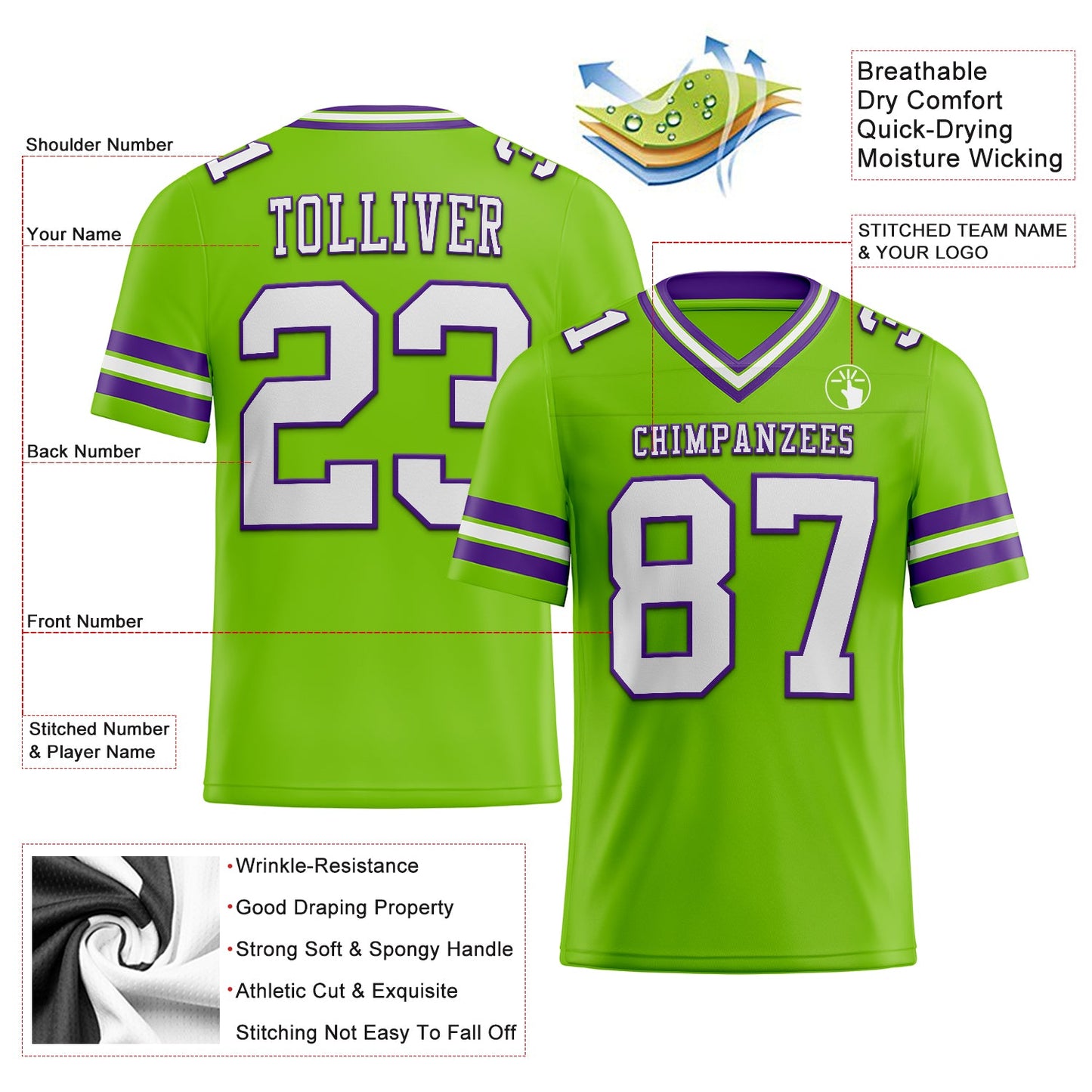 Custom Neon Green White-Purple Authentic Football Jersey view 2
