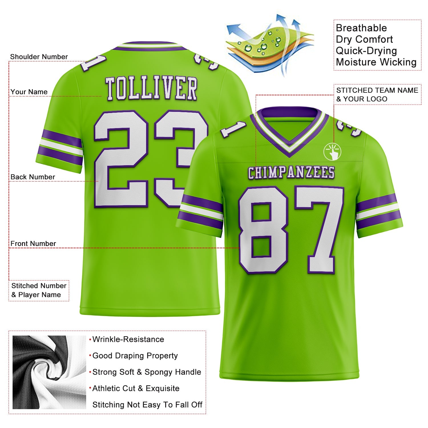 Custom Neon Green White-Purple Authentic Football Jersey view 2