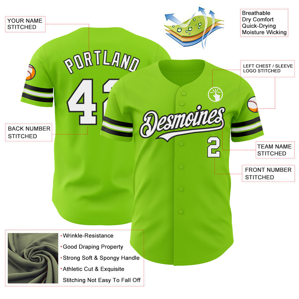 Custom Neon Green White-Black Authentic Baseball Jersey view 3