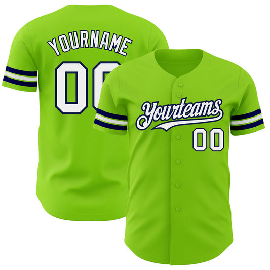 Custom Neon Green White-Navy Authentic Baseball Jersey - Main View
