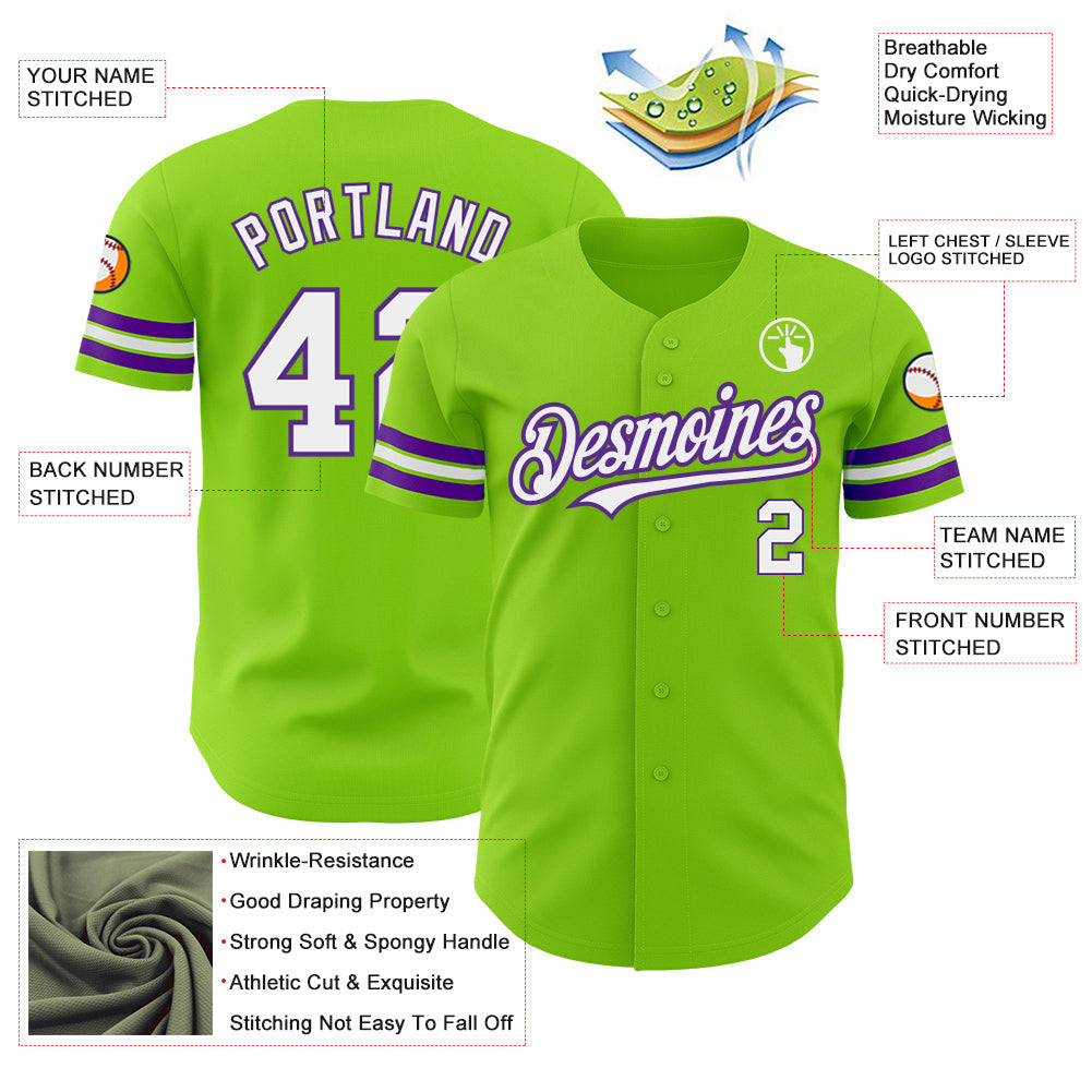 Custom Neon Green White-Purple Authentic Baseball Jersey view 3