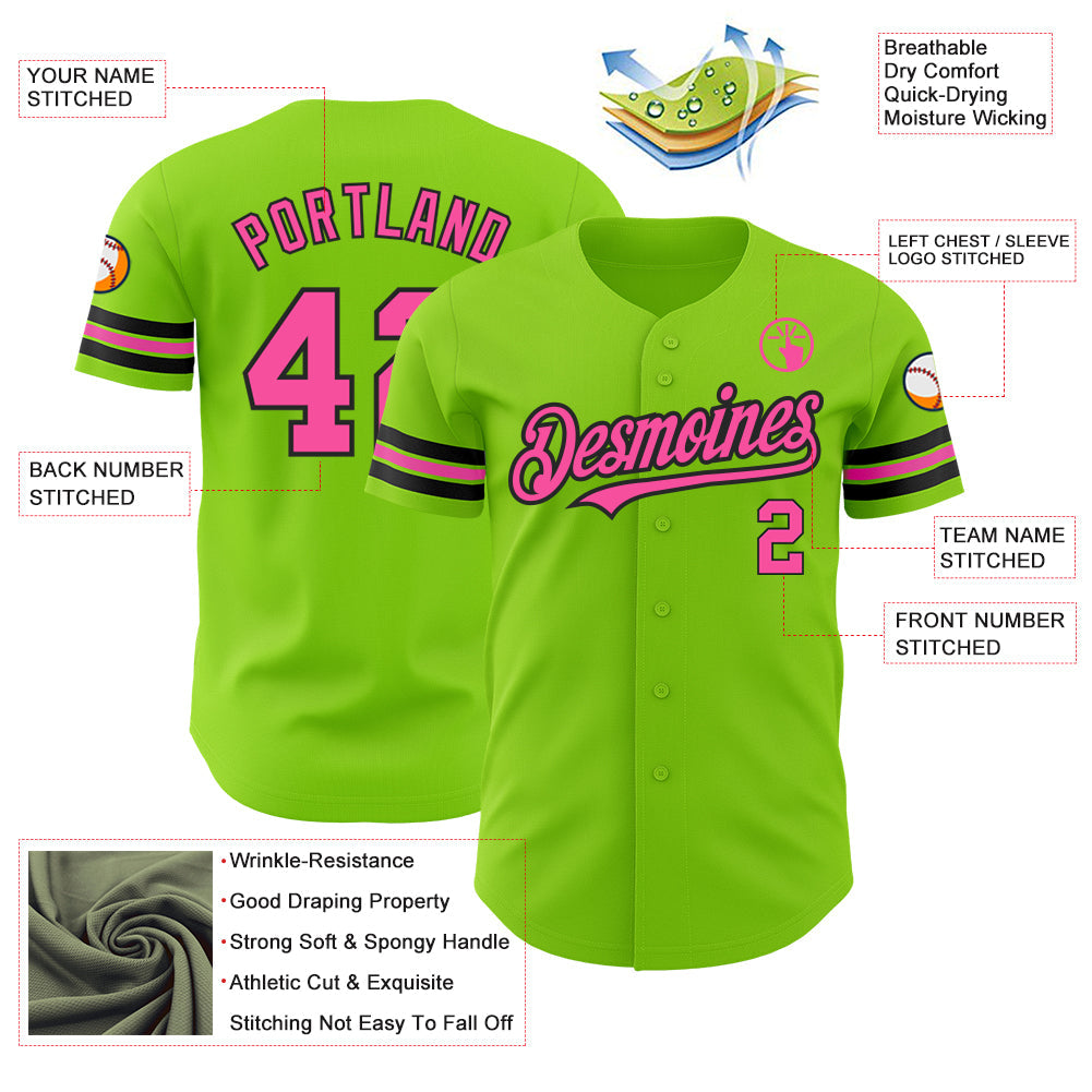 Custom Neon Green Pink-Black Authentic Baseball Jersey view 3