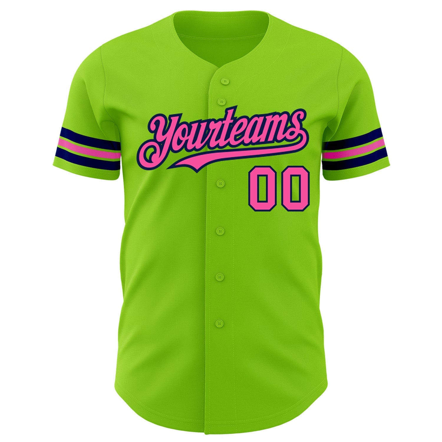 Custom Neon Green Pink-Navy Authentic Baseball Jersey view 2