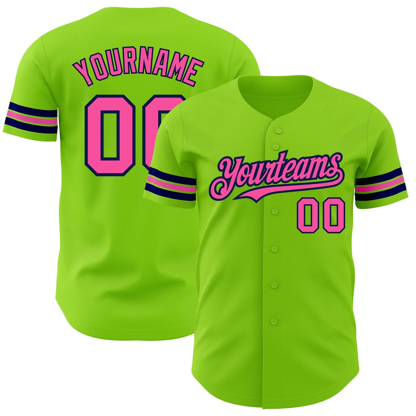 Custom Neon Green Pink-Navy Authentic Baseball Jersey - Main View