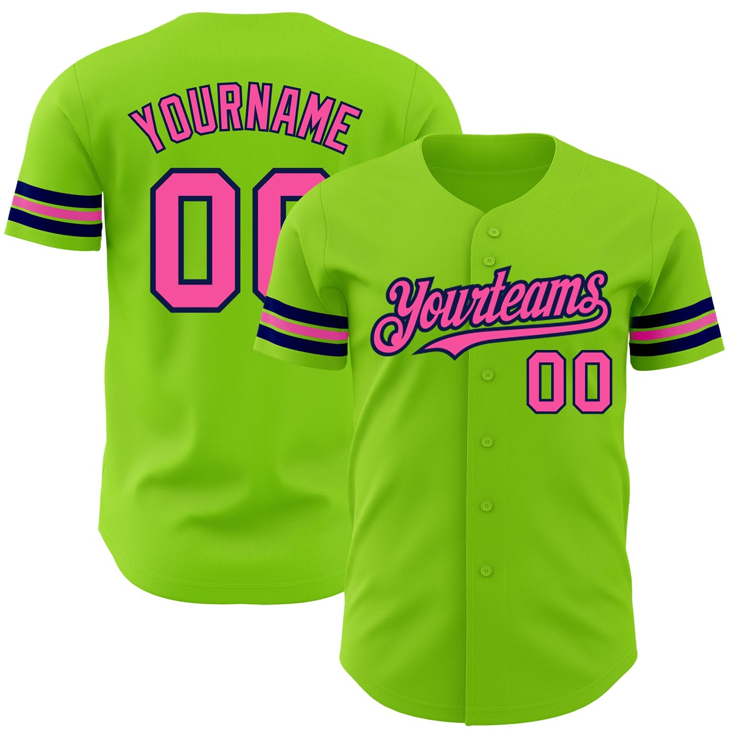 Custom Neon Green Pink-Navy Authentic Baseball Jersey - Main View