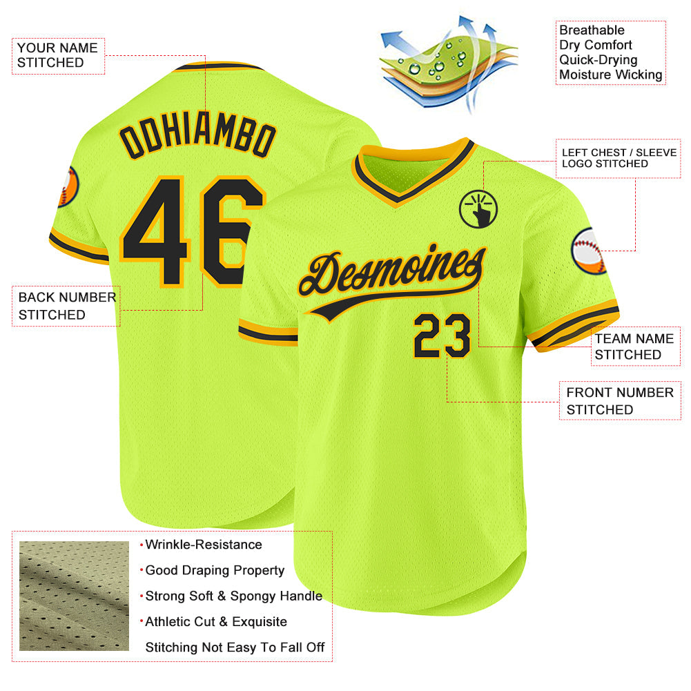 Custom Neon Green Black-Gold Authentic Throwback Baseball Jersey view 3