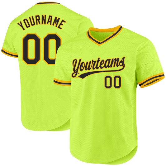 Custom Neon Green Black-Gold Authentic Throwback Baseball Jersey - Main View