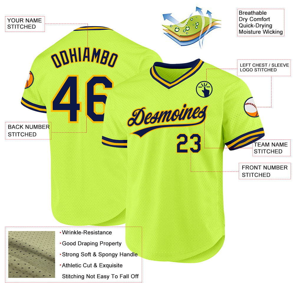 Custom Neon Green Navy-Gold Authentic Throwback Baseball Jersey view 3