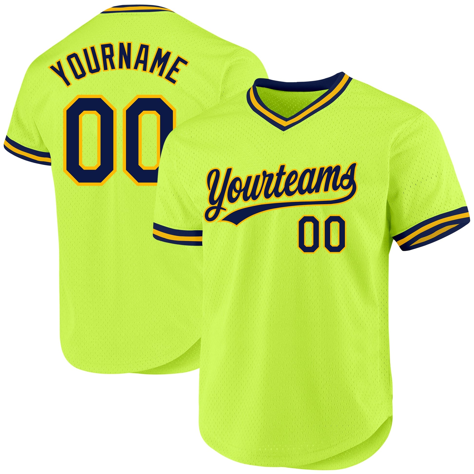 Custom Neon Green Navy-Gold Authentic Throwback Baseball Jersey - Main View