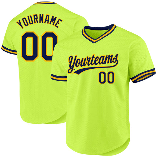 Custom Neon Green Navy-Gold Authentic Throwback Baseball Jersey - Main View
