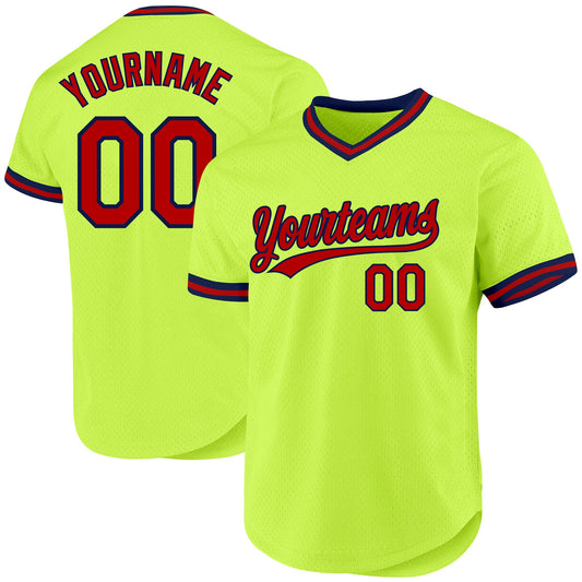 Custom Neon Green Red-Navy Authentic Throwback Baseball Jersey - Main View