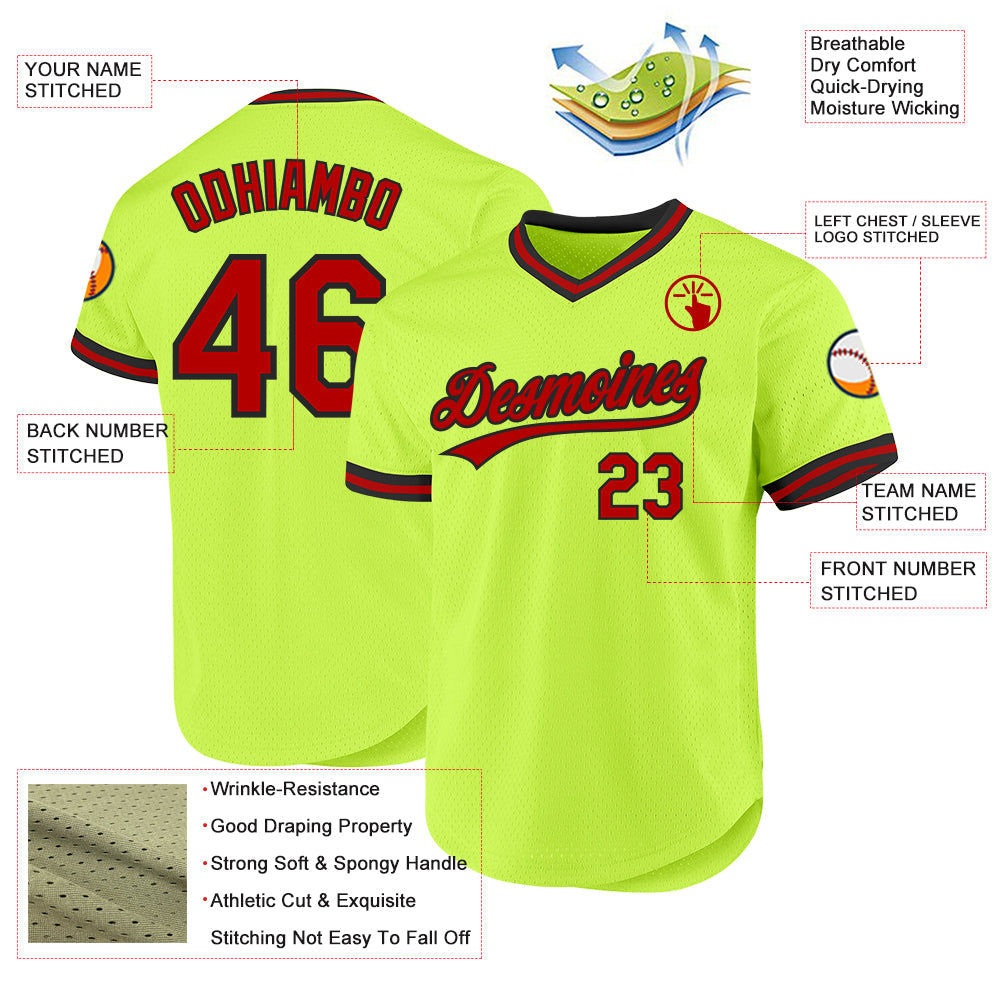 Custom Neon Green Red-Black Authentic Throwback Baseball Jersey view 3