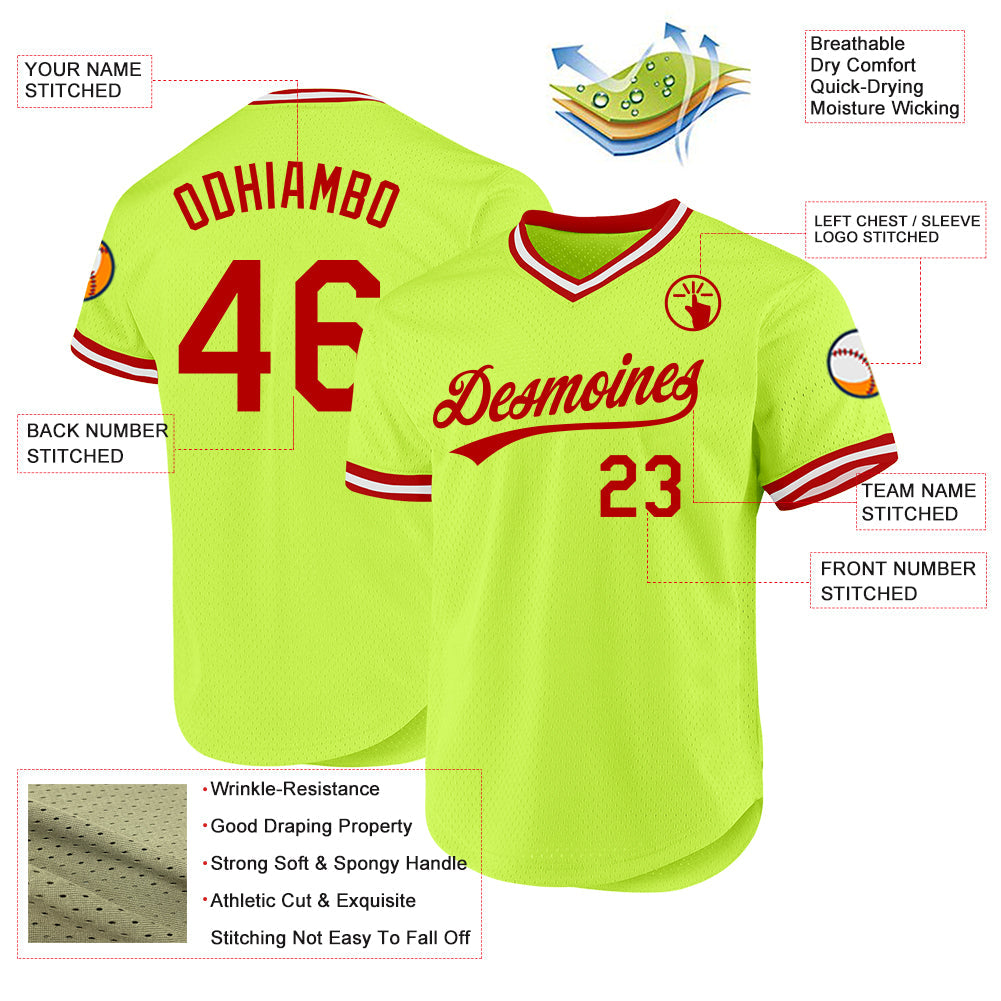 Custom Neon Green Red-White Authentic Throwback Baseball Jersey view 3