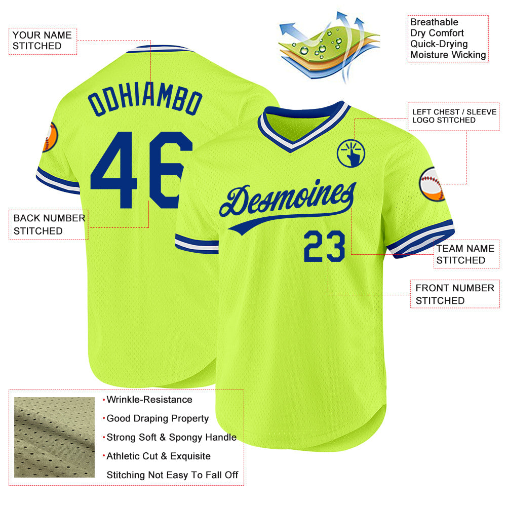 Custom Neon Green Royal-White Authentic Throwback Baseball Jersey view 3
