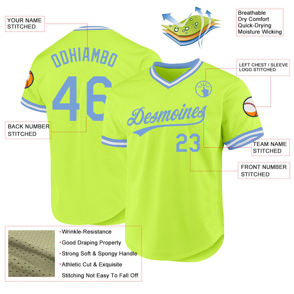 Custom Neon Green Light Blue-White Authentic Throwback Baseball Jersey view 3