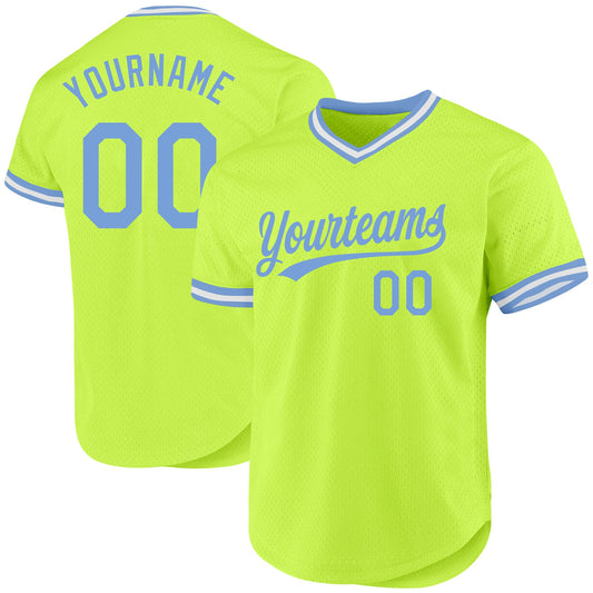 Custom Neon Green Light Blue-White Authentic Throwback Baseball Jersey - Main View