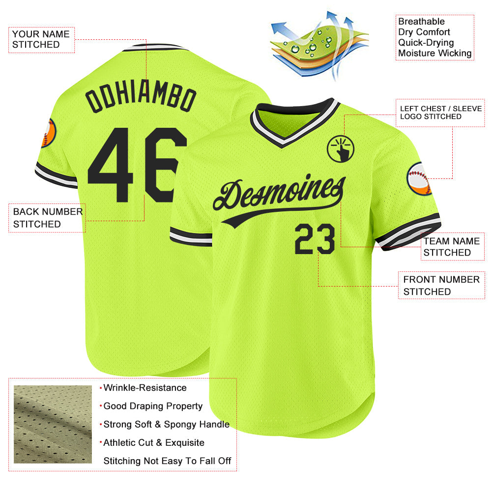 Custom Neon Green Black-White Authentic Throwback Baseball Jersey view 3