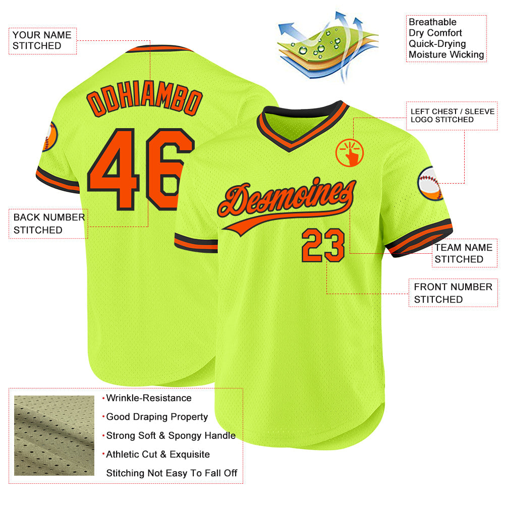 Custom Neon Green Orange-Black Authentic Throwback Baseball Jersey view 3