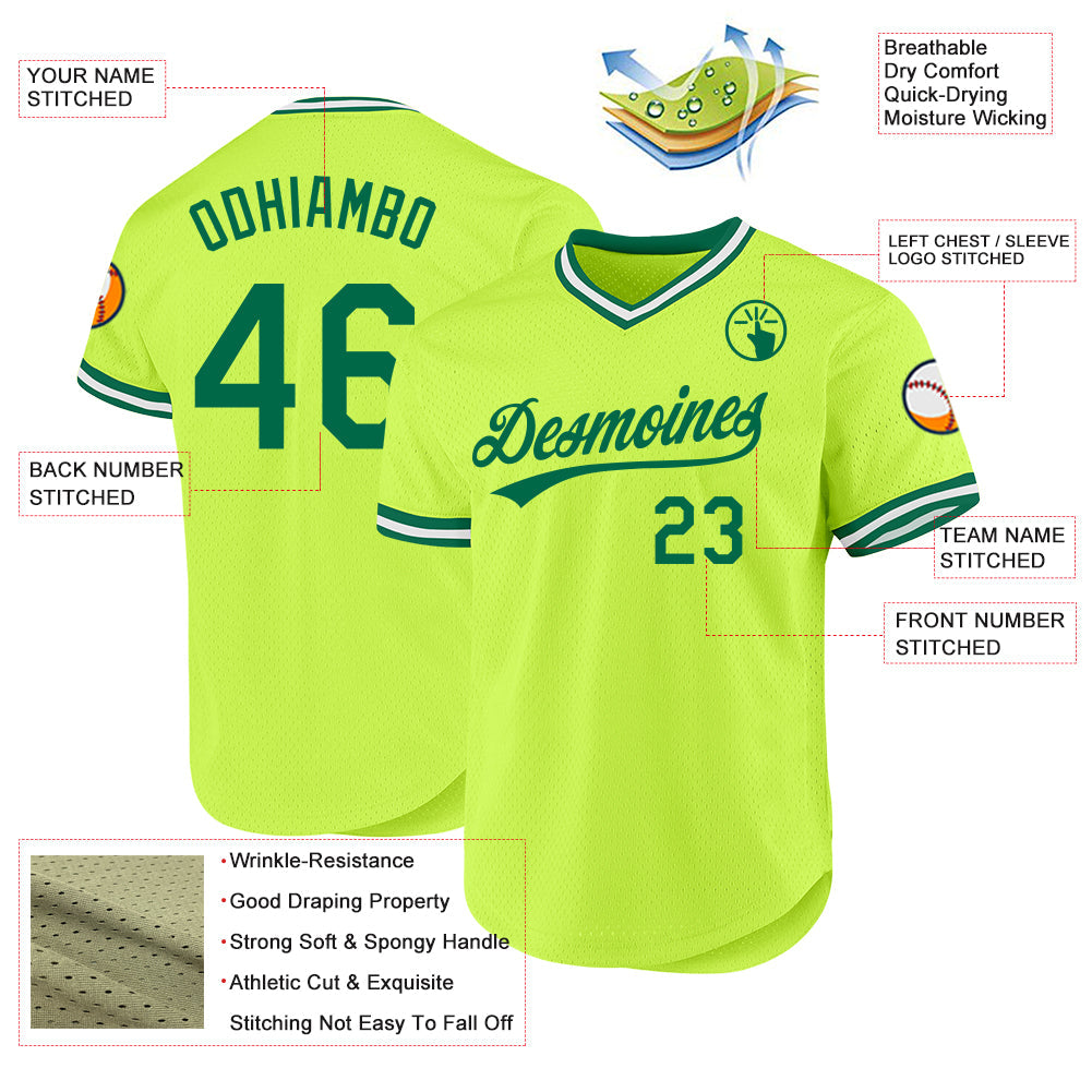 Custom Neon Green Kelly Green-White Authentic Throwback Baseball Jersey view 3