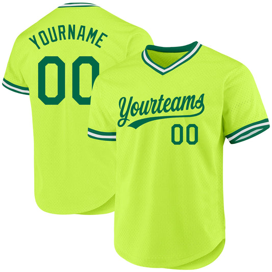 Custom Neon Green Kelly Green-White Authentic Throwback Baseball Jersey - Main View
