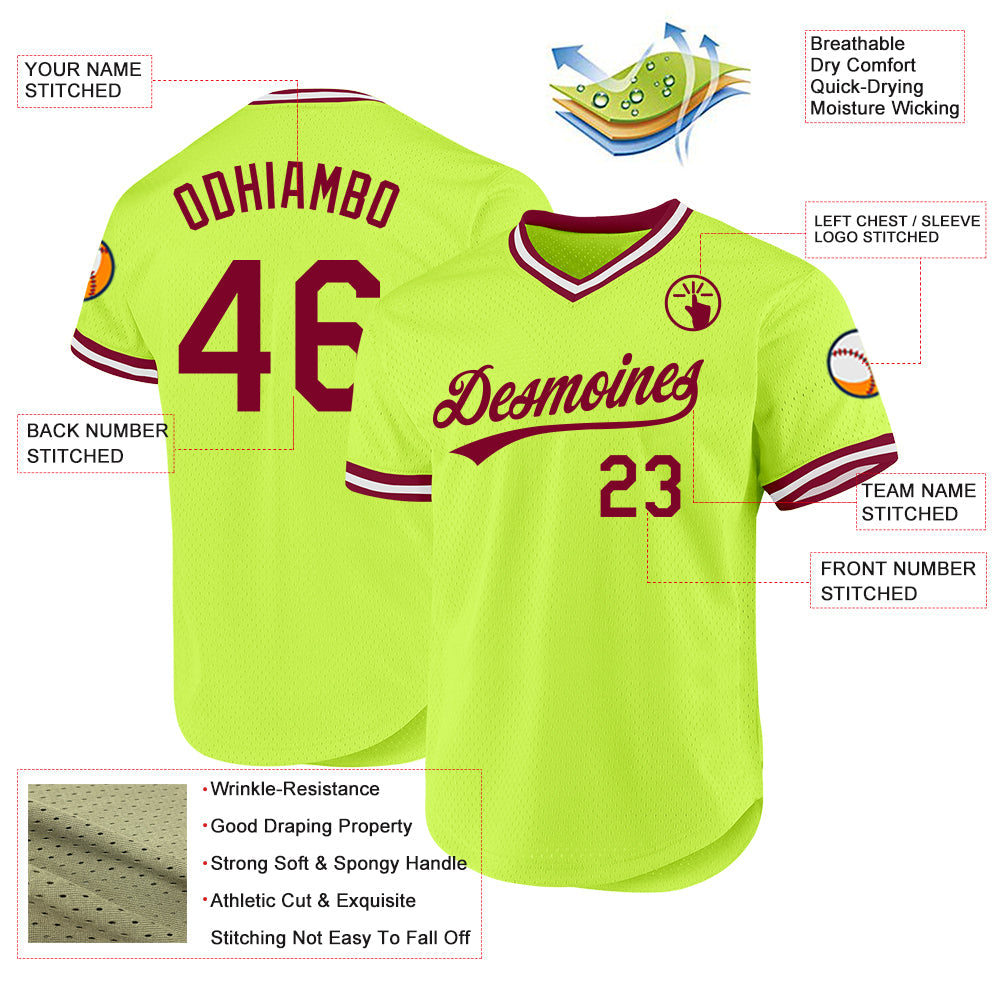 Custom Neon Green Maroon-White Authentic Throwback Baseball Jersey view 3