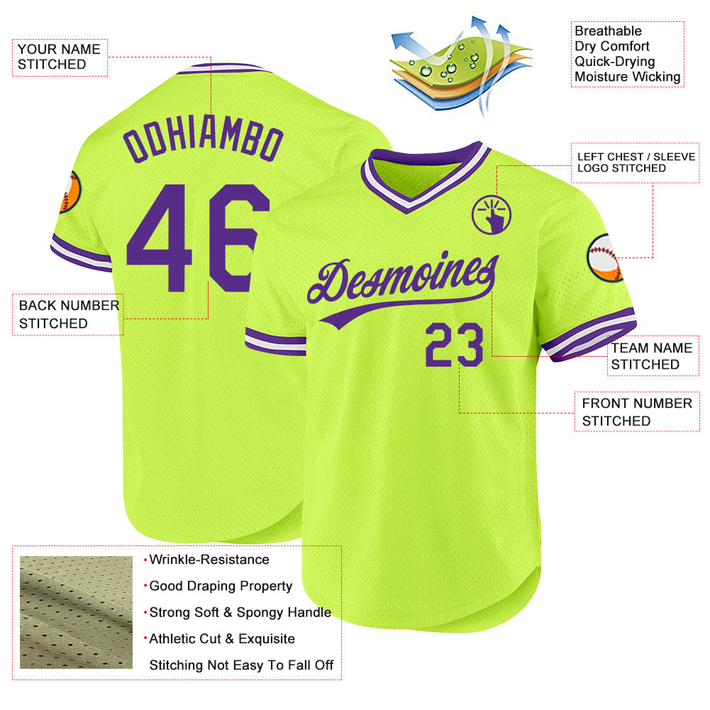 Custom Neon Green Purple-White Authentic Throwback Baseball Jersey view 3