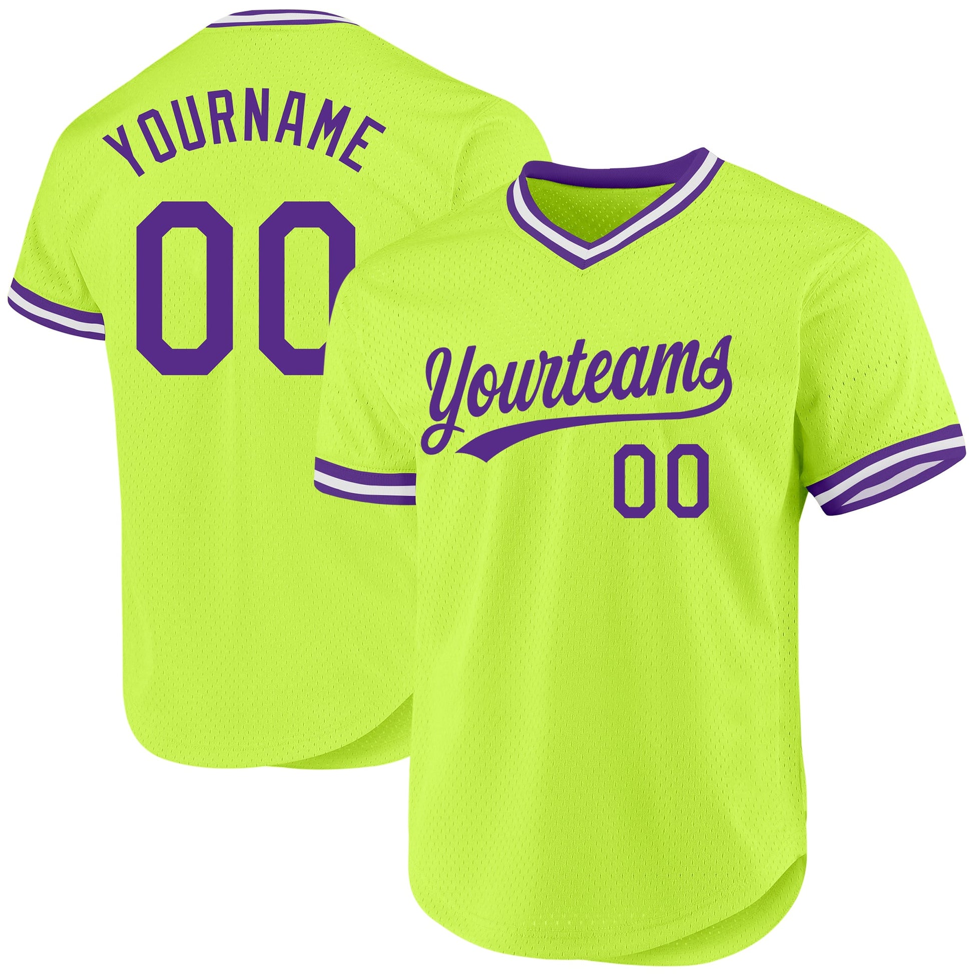 Custom Neon Green Purple-White Authentic Throwback Baseball Jersey - Main View