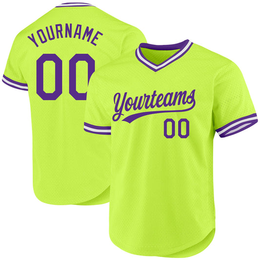Custom Neon Green Purple-White Authentic Throwback Baseball Jersey - Main View