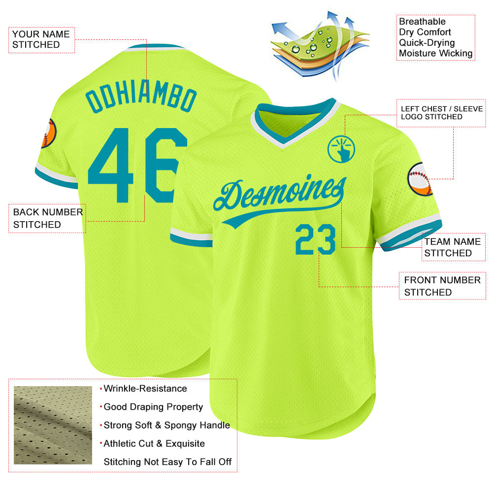 Custom Neon Green Teal-White Authentic Throwback Baseball Jersey view 3