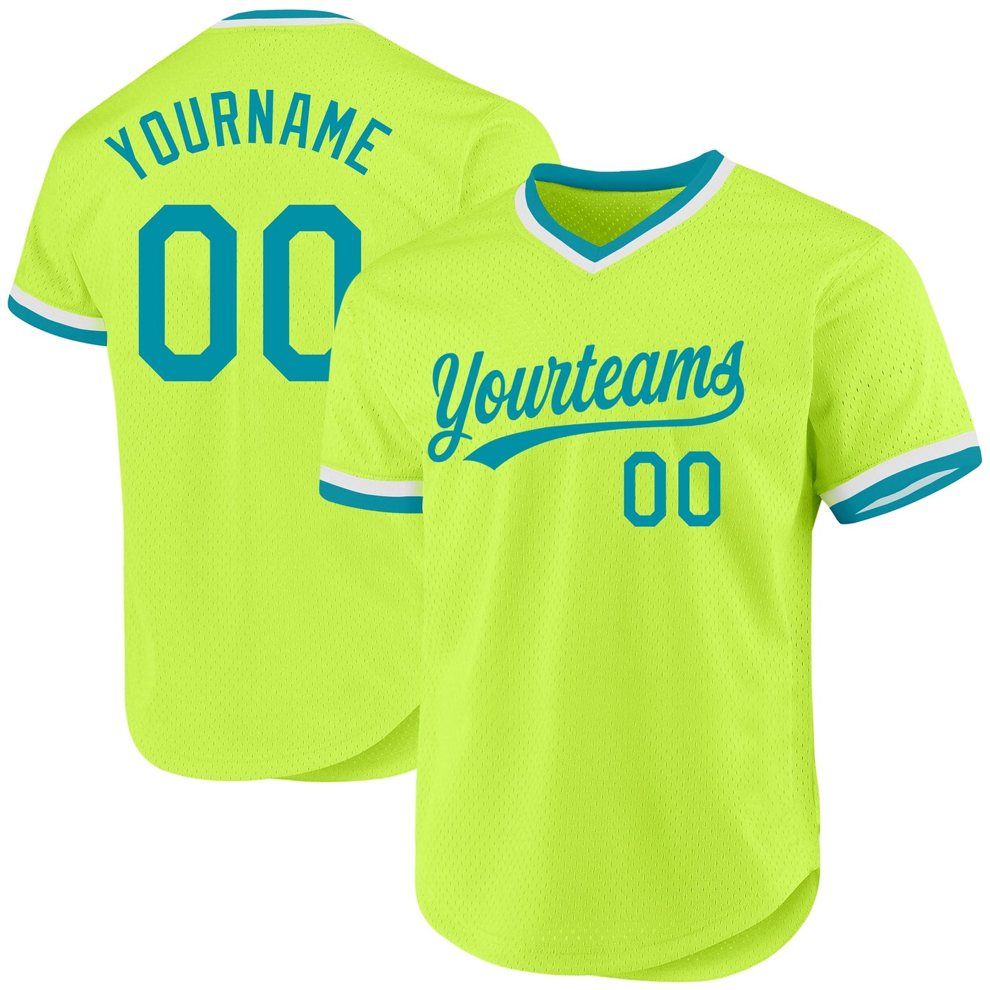 Custom Neon Green Teal-White Authentic Throwback Baseball Jersey - Main View
