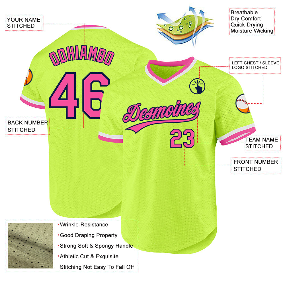 Custom Neon Green Pink-Navy Authentic Throwback Baseball Jersey view 3