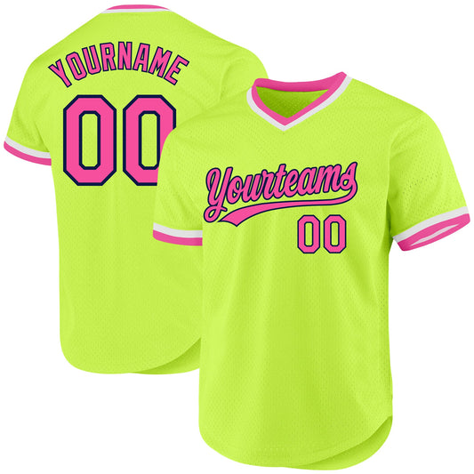 Custom Neon Green Pink-Navy Authentic Throwback Baseball Jersey - Main View