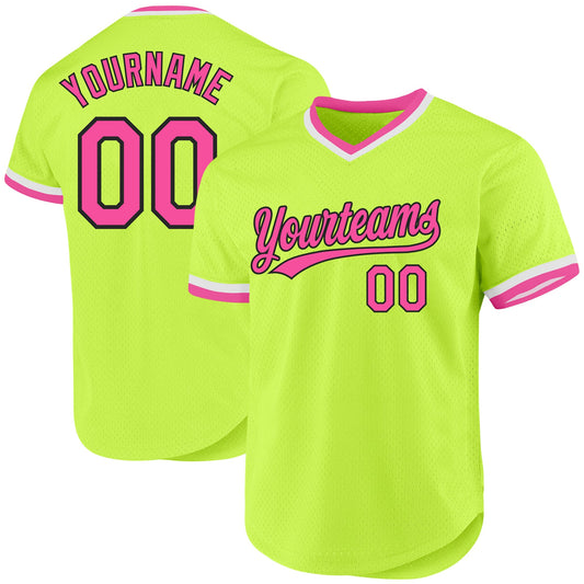 Custom Neon Green Pink-Black Authentic Throwback Baseball Jersey - Main View