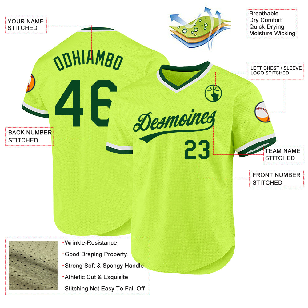 Custom Neon Green Green-White Authentic Throwback Baseball Jersey view 3