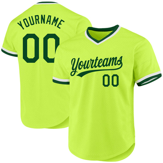 Custom Neon Green Green-White Authentic Throwback Baseball Jersey - Main View