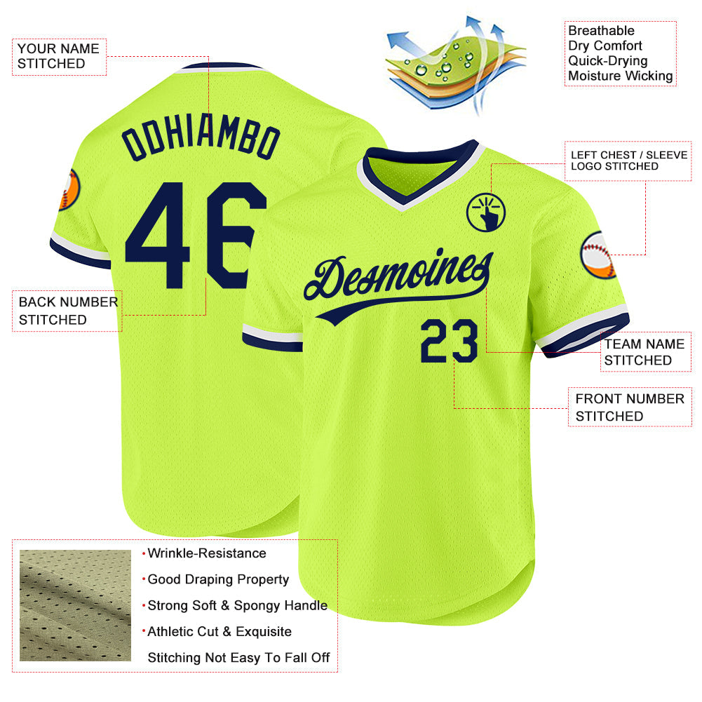 Custom Neon Green Navy-White Authentic Throwback Baseball Jersey view 3
