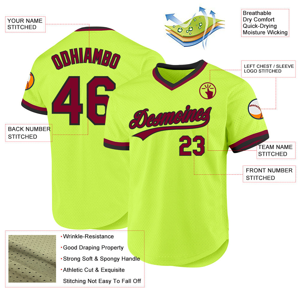 Custom Neon Green Maroon-Black Authentic Throwback Baseball Jersey view 3