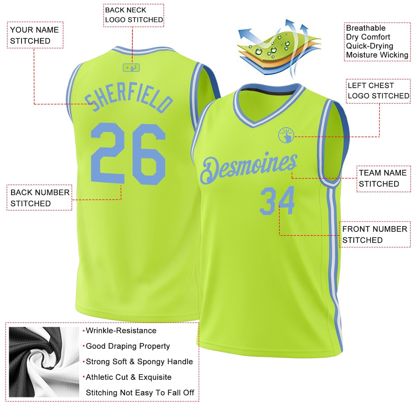 Custom Neon Green Light Blue-White Authentic Throwback Basketball Jersey view 3
