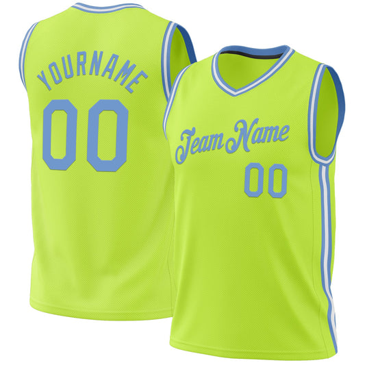 Custom Neon Green Light Blue-White Authentic Throwback Basketball Jersey - Main View