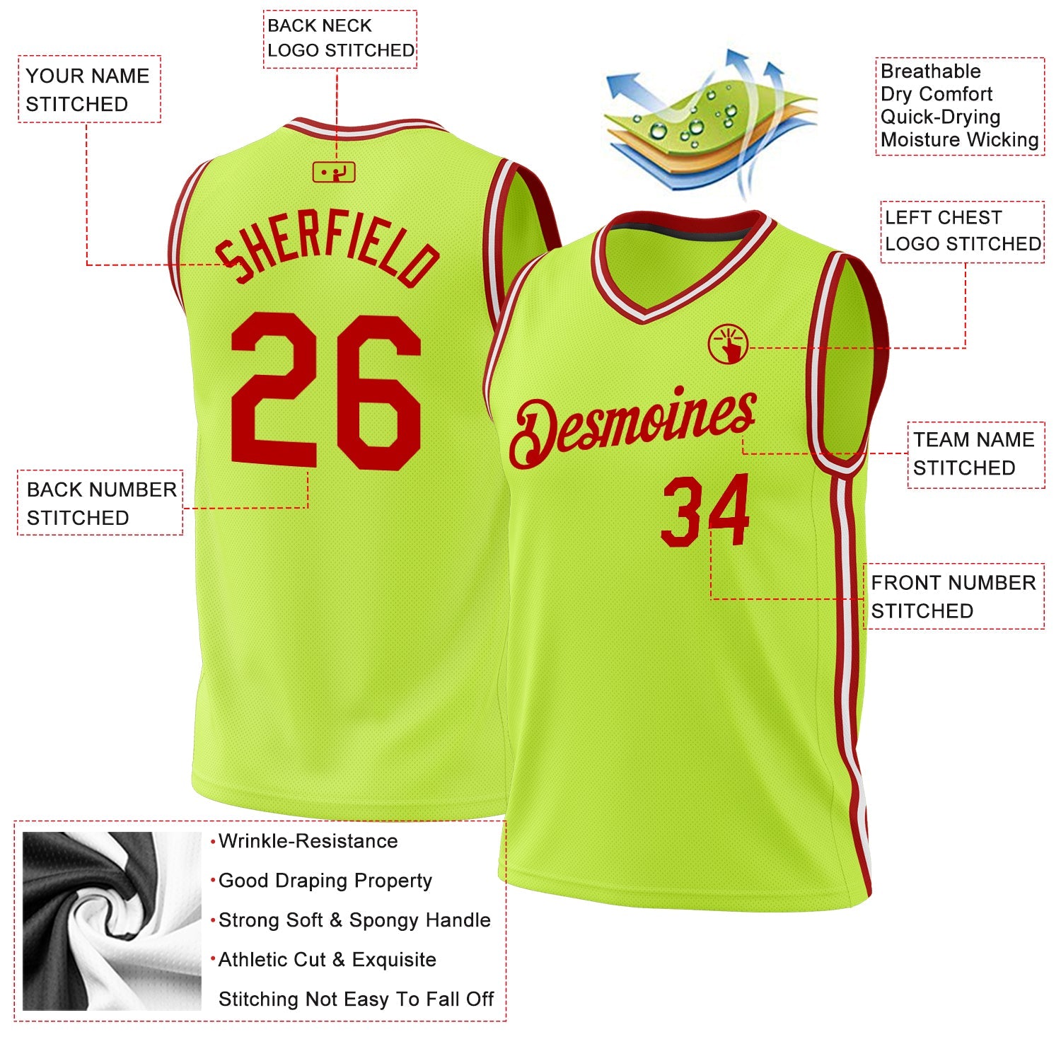 Custom Neon Green Red-White Authentic Throwback Basketball Jersey view 3