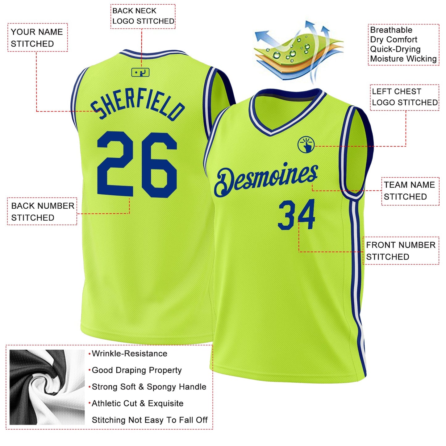 Custom Neon Green Royal-White Authentic Throwback Basketball Jersey view 3